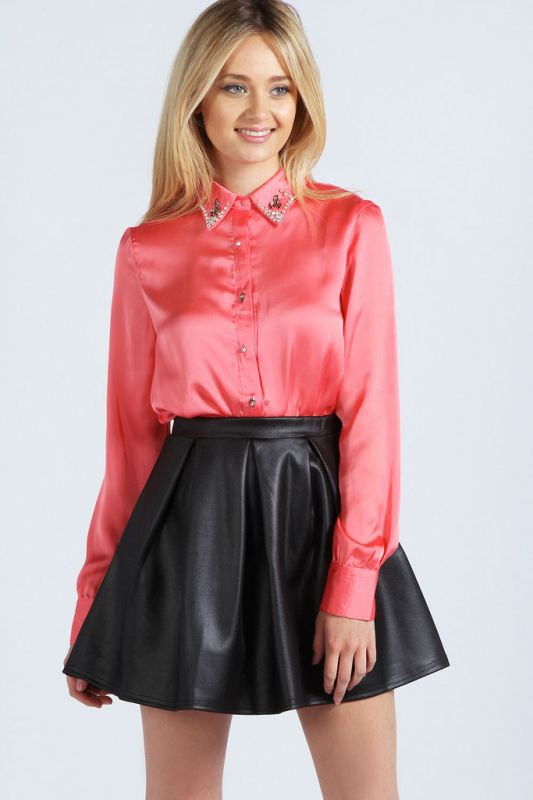 latex skirt satin blouse