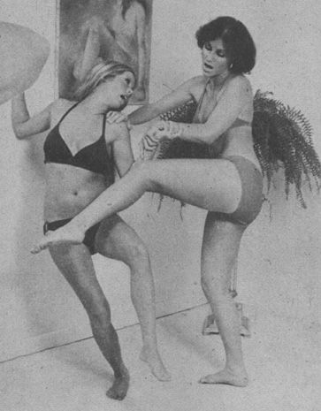 2 women wrestling in apartment