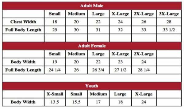 hanes t shirt youth size chart